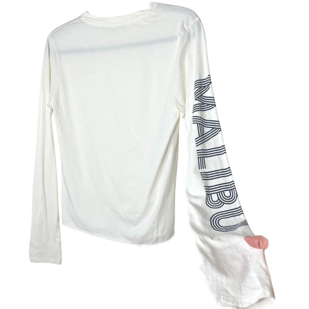 Brandy Melville White with Blue Malibu Graphic Crew Neck Long Sleeve Tee Small